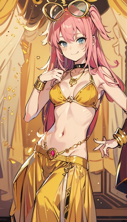 A smug narcissistic pink haired woman wearing a golden bra and golden pants and lots of jewelry flaunting herself