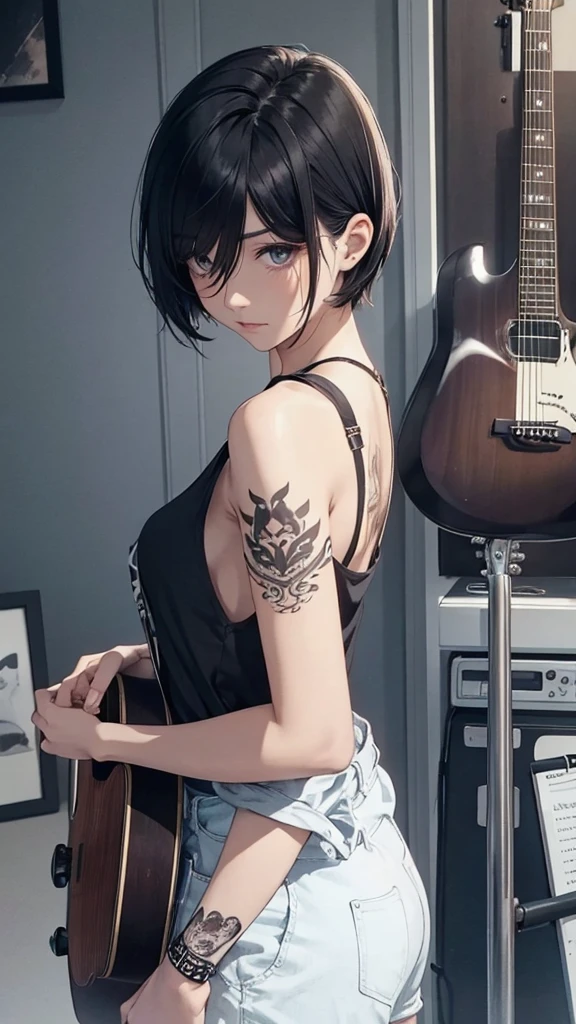 A young woman with short black hair dyed the ends light brown. wearing a black tank top He has graphic tattoos on his shoulder and chest. playing acoustic guitar Create an image of a young woman playing an acoustic guitar in a cozy room. She has short, light brown hair that is dyed at the ends. and wearing a black tank top Intricate graphic tattoos are evident on the shoulders and chest. She has a relaxed and expressive demeanor while playing the guitar. The background of the picture is a room with a simple white door and furniture.