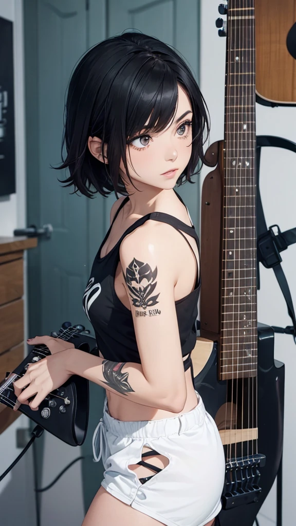 A young woman with short black hair dyed the ends light brown. wearing a black tank top He has graphic tattoos on his shoulder and chest. playing acoustic guitar Create an image of a young woman playing an acoustic guitar in a cozy room. She has short, light brown hair that is dyed at the ends. and wearing a black tank top Intricate graphic tattoos are evident on the shoulders and chest. She has a relaxed and expressive demeanor while playing the guitar. The background of the picture is a room with a simple white door and furniture.
