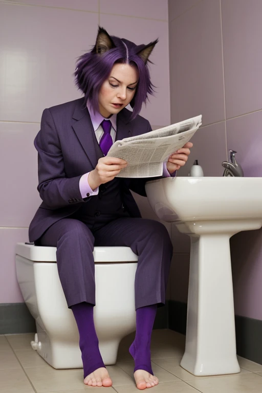 A purple-haired cat wearing a suit is sitting on the toilet and reading a newspaper, Hold up one of your front toes.