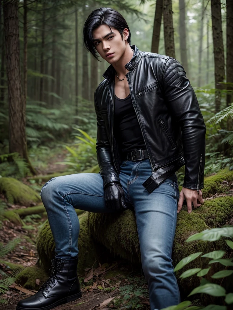A muscular young man with black hair, wearing a black leather jacket, blue jeans, black gloves, a black belt, and black combat boots, sitting in a forest, anime.