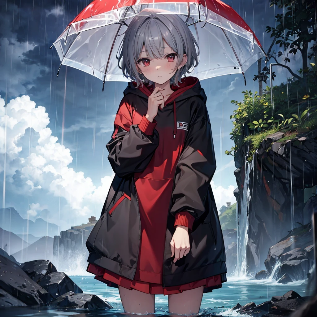 (((((1 person　Gray Hair、short hair　Black and red outfit、hoodie)))))　((((High resolution　Getting wet in the rain　Black long skirt　loafers))))　(((Sad face、Close-up　hold one&#39;s head、Close your eyes)))　((in the rain、It rains、rainy season　Blowing in the Wind　Low - Angle))　(Shining Background　Shining Edges)