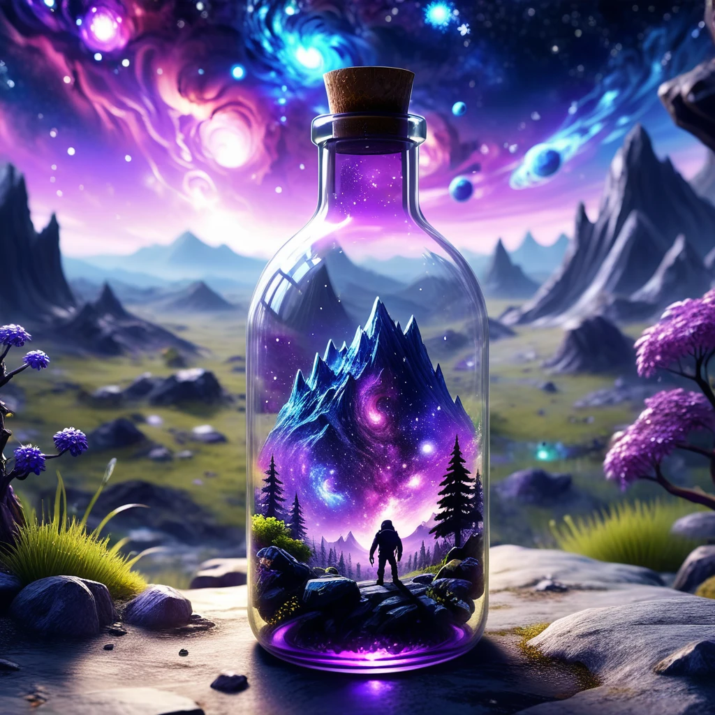 beautiful scenery nature glass bottle landscape, , purple galaxy bottle, monster playing pc game