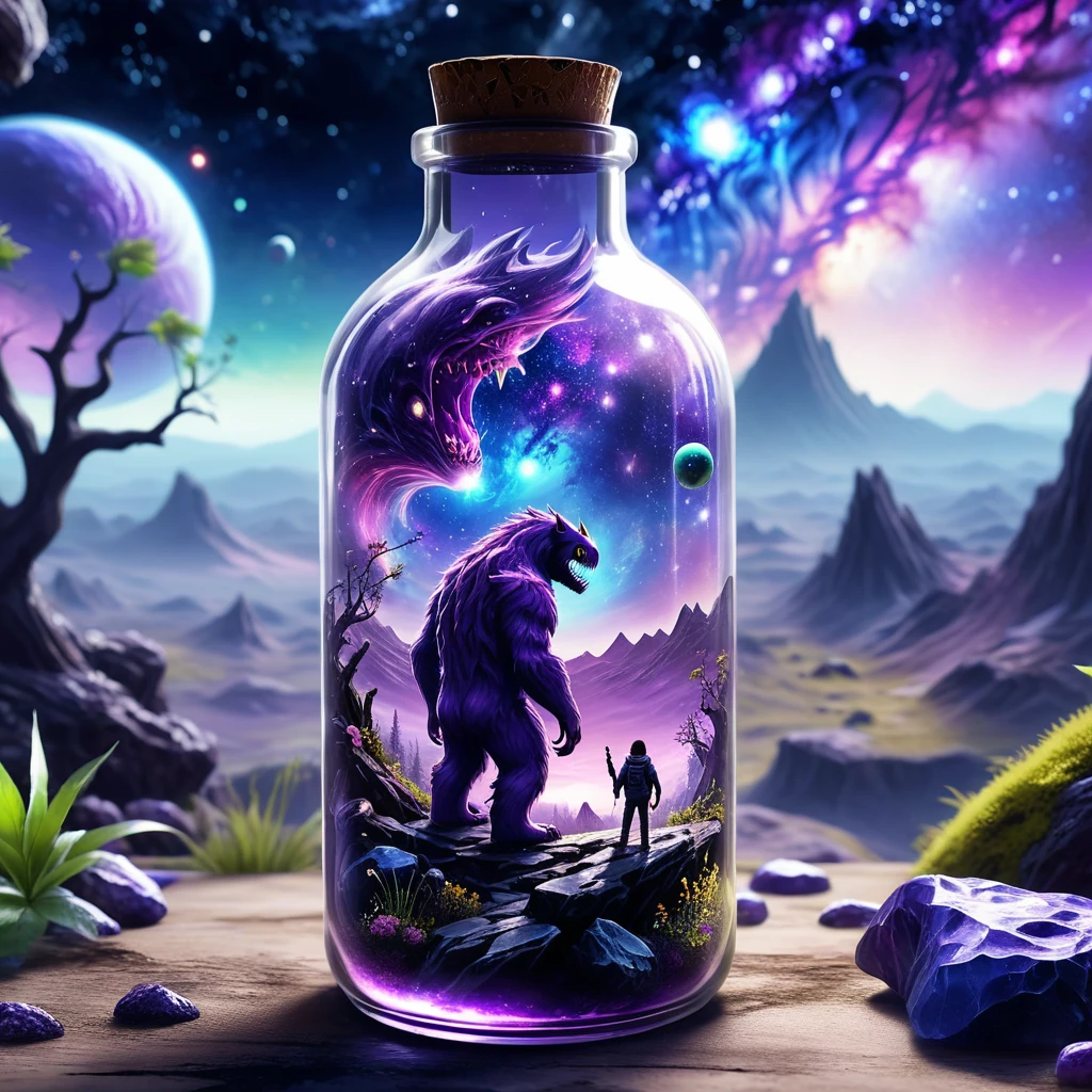 beautiful scenery nature glass bottle landscape, , purple galaxy bottle, monster playing pc game