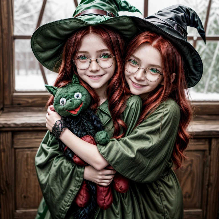 horses. Short, Red hair, green eyes, green pointed hat, witch robe, smile, witch 15 years old, metal frame glasses, hugs a soft toy.
