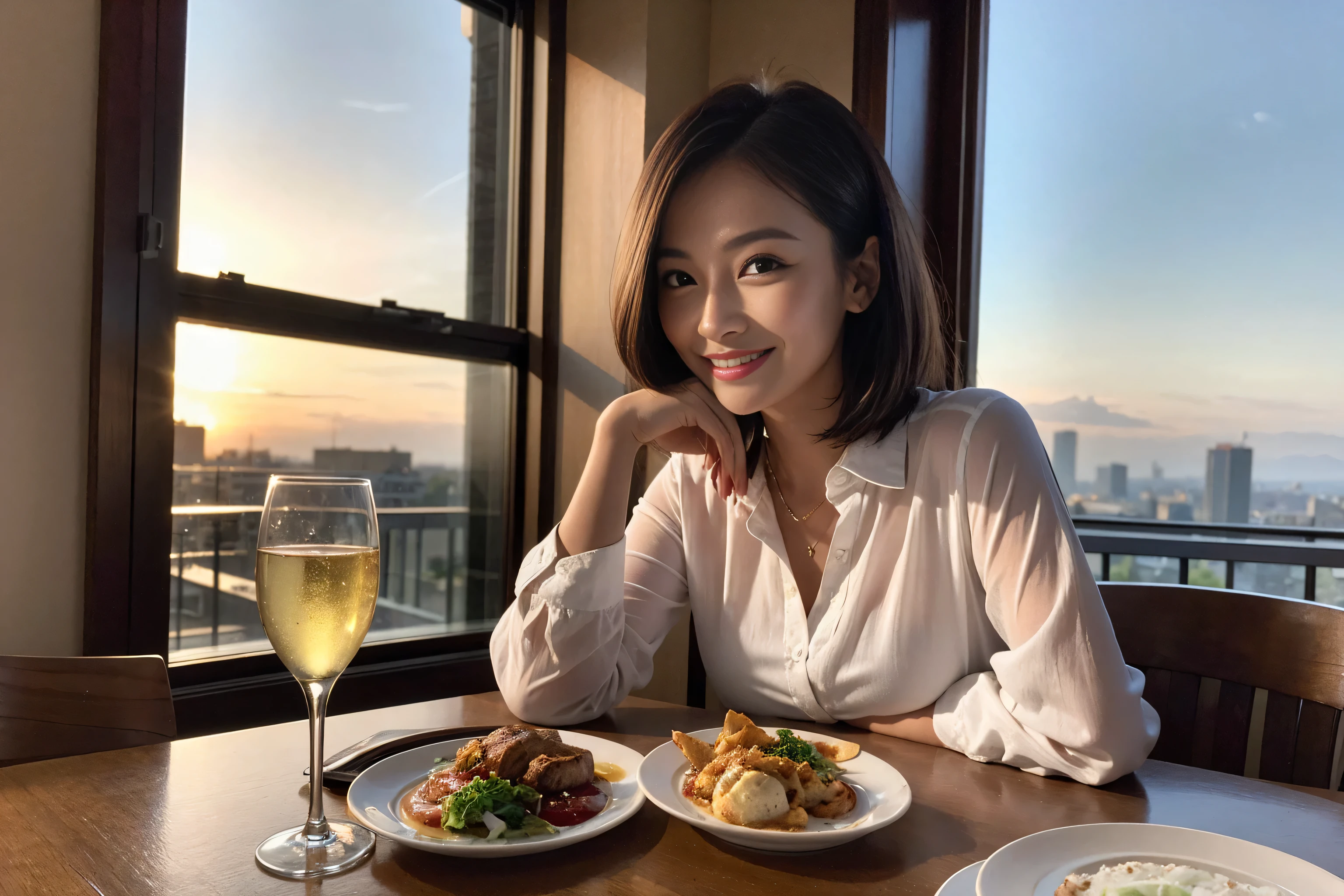 ((Highest quality、8k、masterpiece:1.3))、cute、Slim couple、Model Couple、Actress、(Realistic, Intricate details:1.2), full-course dinner、Wine Party、Amazing view of the sunset sky and clouds、A bright smile、short hair,Bright Face、 (45 years old), 42 years old, red wine 、Appetizers、Italian food、Wine bottle、Champagne、sparkling wine、Two beauties、Brown Hair、Shortcuts、Long sleeve shirt、dress、Beautiful woman 1, (Slim face), (The body is slim), (Brown Hair), (Shortcuts), cheeks turn a little red,Attractive beauty、restaurant, In a prominent place (From the waist up) Nova Frog Style, actress, model, Upper Body, White wine, slim, wine glass, A wine glass placed in the center, smile, (smile: 1.15), Beautiful fine grain, Depth f/2,saturation, High Contrast, Strong light and shadow,Moist Body:1.5、3D texture、Delicate eyes、Brown Hair、The hair is very shiny、