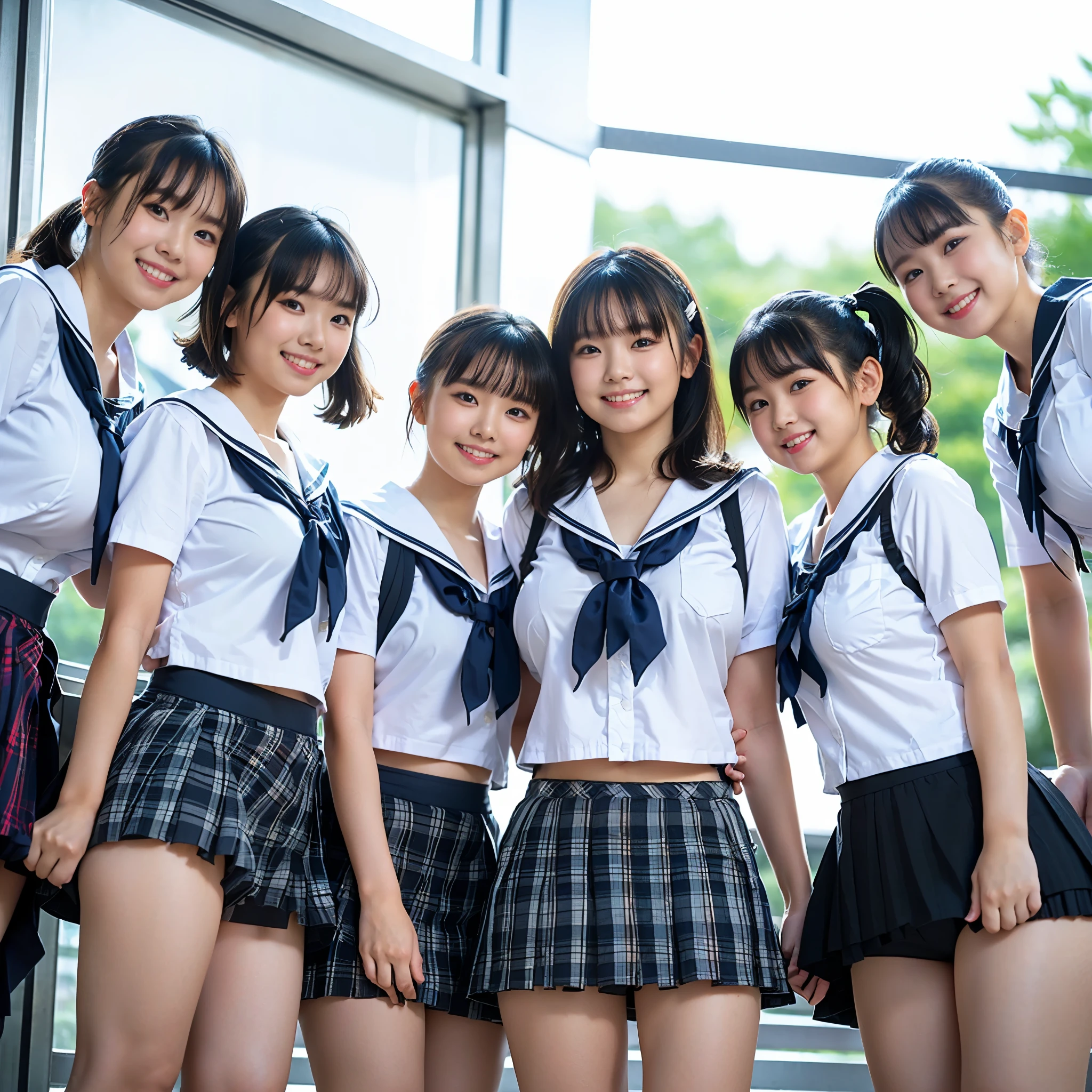 (8k、Raw photography、Highest quality、masterpiece:1.2),(Black Hair:1.5),(Mr....々Cute hairstyle、Bobcut、Very short hair、ponytail、Twin tails:1.4),(6 high school girls、girlたちはみんなとても美しい、Wearing uniform、:1.6)、(V-neck sweater、tie、Checked skirt: 1.2)、(Clothing that emphasizes the shape of your chest、Big Breasts:1.6)、(Group attendance at school:1.4)、Ultra-high resolution,(girl' School changing room:1.4)、(Japanese women: 1.2),(Photorealistic:1.37)、Photon Mapping,reality、(Everyone is so cute, like an idol: 1.7)、(Cute Smile: 1.7)、(Round face: 1.8)、(: 1.2)、Radio City、Physically Based Rendering、Depth of field rally background、photograph, (Wearing a skirt that is too short: 2.0)、(Ultra mini skirt、Her skirt is short、White panties are visible..:1.4),(All of them are wearing very short skirts、Angle from below、Your thighs are beautiful: 1.5)、whole body、Super Fine