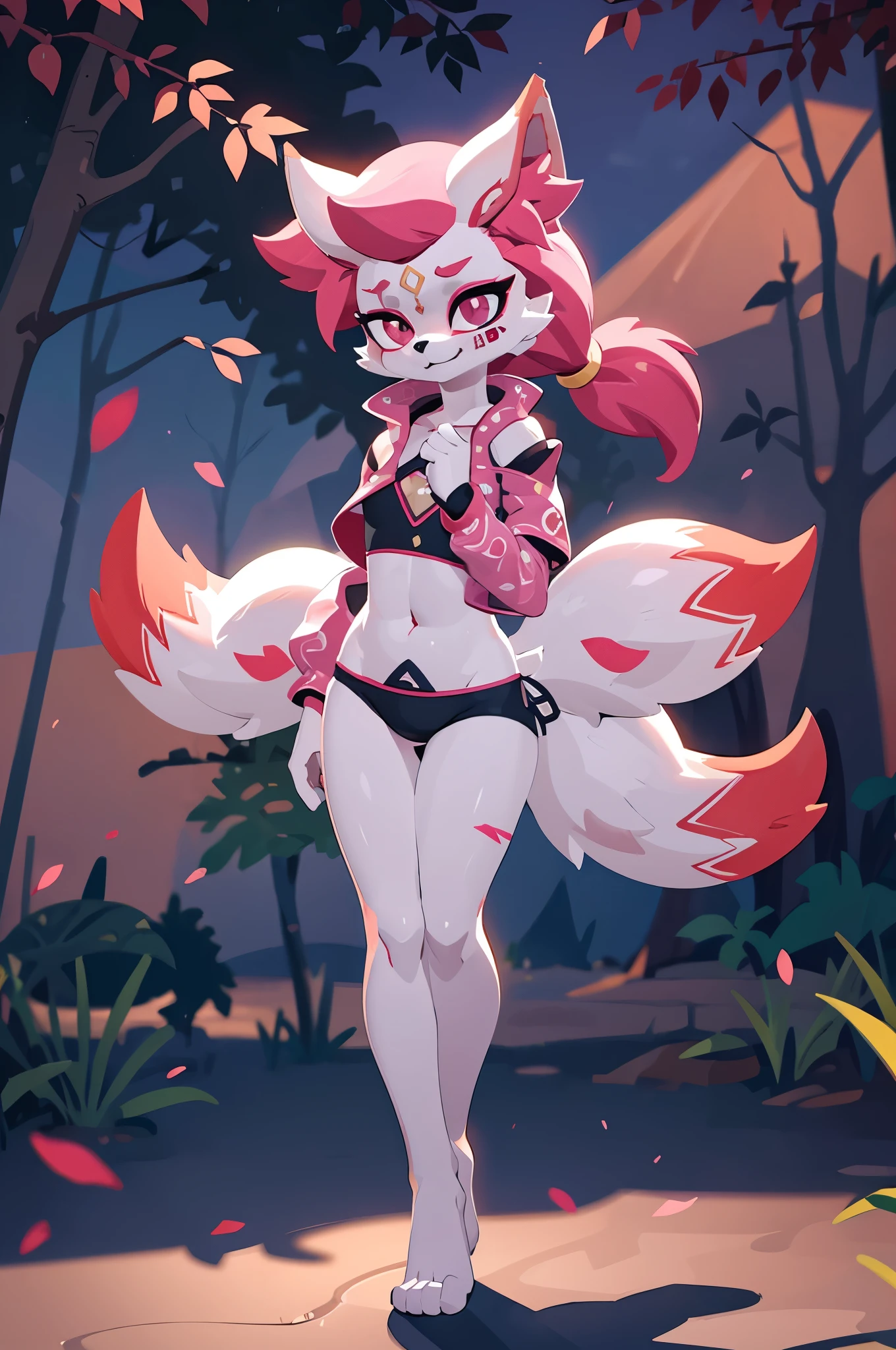score_9,score_8_up,score_7_up, source_cartoon, source_furry, kimiko, furry female anthro, fox girl, white body fur, Pink hair, multiple tails, solo, body fur, (best quality), cinematic lighting, short ponytail, masterpiece, perfect hair, background of falling sakura petals, cherry blossoms, uperbody, nude, small breasts, pussy,