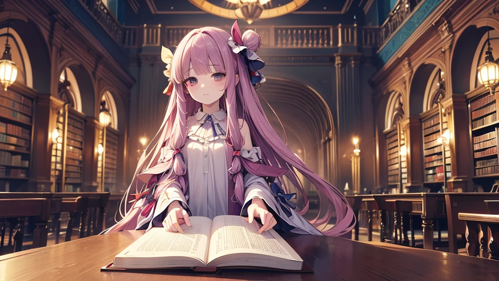 (Highest quality)　(4K)　(8k)　(High resolution)　(masterpiece:1.2)　(Super detailed)　(Patchouli Knowledge)　Background of the Great Library　Upper Body　Standing posture