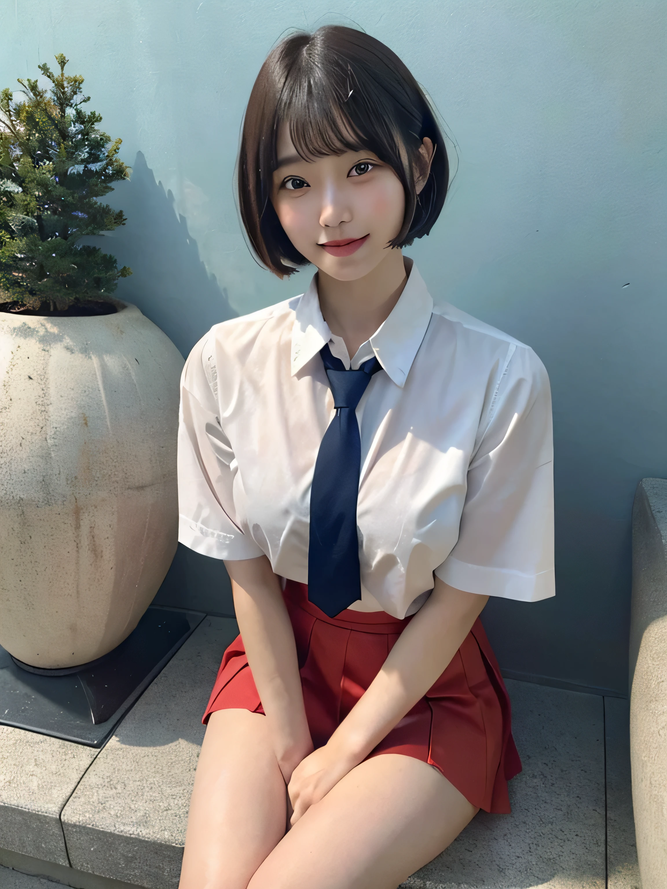 Japanese Girls、17-year-old girl、Short Bob Cut、bangs、Brown eyes、Perfect figure、Transparency、Gloss、Attractive breasts、、Navy blue tie、White shirt、Red Skirt、Hirotake mushroom、Burning Body、Burning idol pose、Light blue wall、Beautiful legs、Strong sunlight、dirty、雨にWet体、Wet,Sitting in a chair、I can see your thighs、smile、Flip up your skirt a little