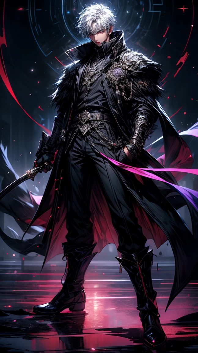 Masterpiece, best quality, high resolution, highly detailed, 1 young boy ( teenager ), young handsome face, white hair ( light in the hair), purple eyes ( glowing eyes ), cold expression ( cold look ), wearing a black hoodie, and black pants, black watch, surrounded by the splendors of the universe, pay attention to stunning details, and achieve a resolution of k, floating in a dynamic pose, high quality, with a majestic aura of authority. Full body