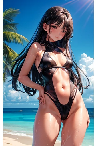(woman) and (Flat Chest:1.1), (Long black hair), (Brown eyes), (White transparent swimsuit:1.1), (Skin Tight Swimwear:1.2), (See-through swimsuit:1.1), (Wet dripping skin:1.2), (Tropical Beach), (Detailed Background), (Round Breasts), (Bubble Butt), (Wide Hips:1.1), (Narrow waist:1.1), (Thick thighs:1.1), (詳細な顔and目:1.2), (Standing on the balcony), (Sexy pose), masterpiece, Contrast Shadows, (詳細な手and指:1.2), (Small breasts:1.2), (Slender body), (Cleavage:1.2).、Large Breasts