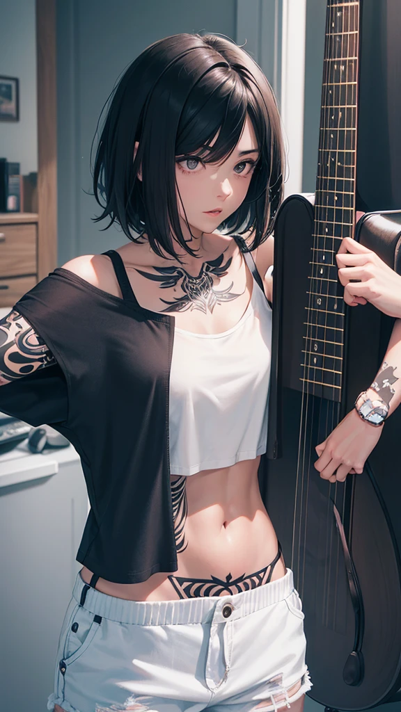 A young woman with short black hair dyed the ends light brown. wearing a black tank top He has graphic tattoos on his shoulder and chest. playing acoustic guitar Create an image of a young woman playing an acoustic guitar in a cozy room. She has short, light brown hair that is dyed at the ends. and wearing a black tank top Intricate graphic tattoos are evident on the shoulders and chest. She has a relaxed and expressive demeanor while playing the guitar. The background of the picture is a room with a simple white door and furniture.