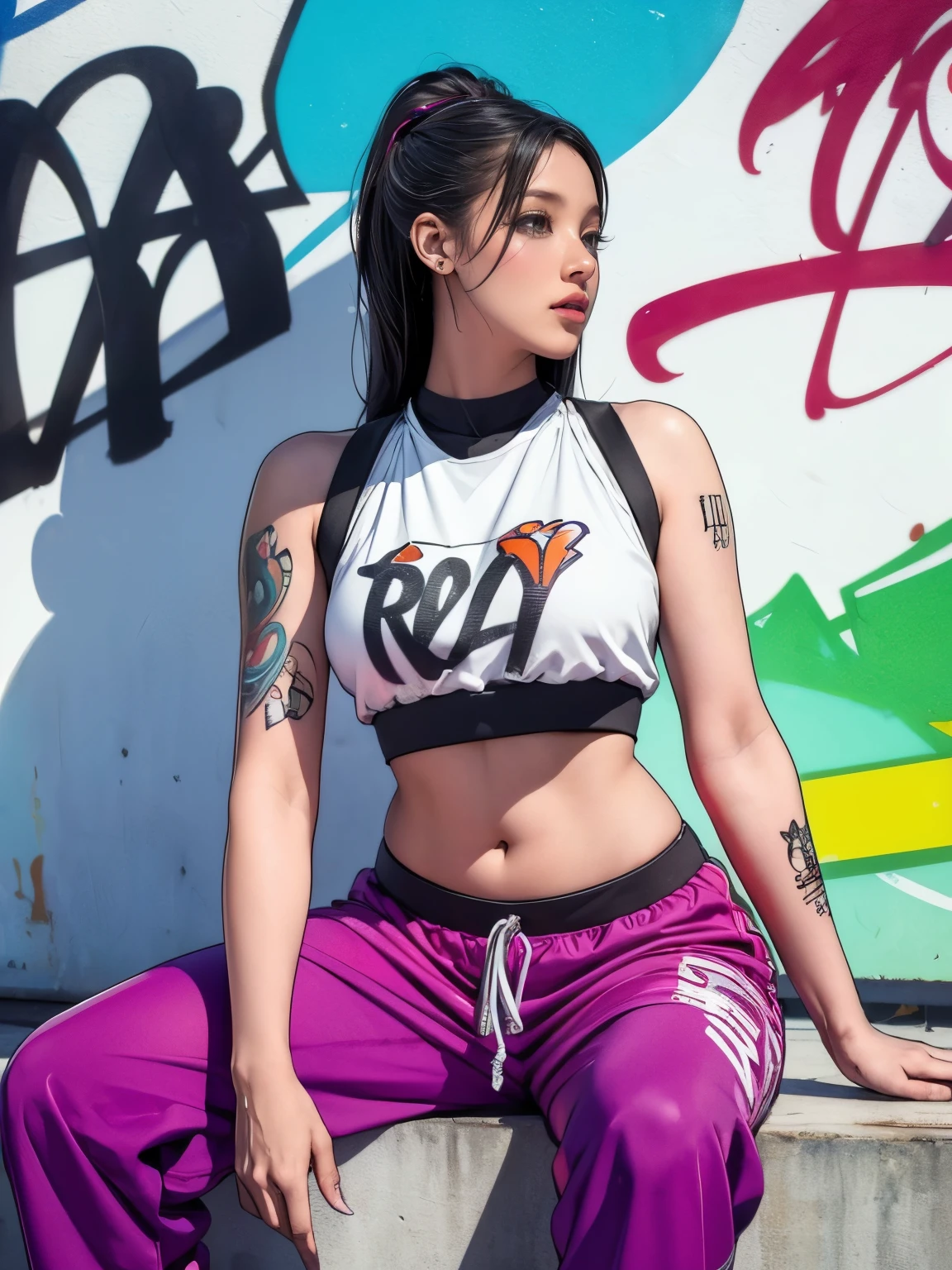 ((masterpiece,best quality;1.3,best illustration)),19 year old beautiful idol, Full color drawing of Hip hop, Hip hop, Hip hop, Hip hop, Loose pants, crop top, lab (((graffiti art) (karen griffith))), On the sea background, crazy details, intricate details, hyper detail , low contrast, Cinematic Soft Light, Exposure Blending, HDR, front, Album cover, unique style, album jacket, Araped woman with tattooed stomach standing on railing, her belly button was exposed, Taken in the early 2020s, Cardi B, physical : The smallest diaphragm ever, Photo of tech wear woman, she wears street clothes, full body image, Profile picture, sitting on the roof