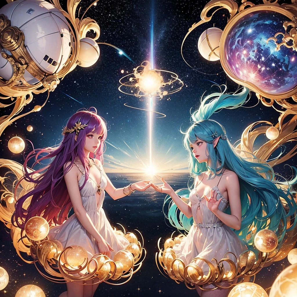 The Nebula Nymph is a celestial being born from the depths of the cosmos, its very essence infused with the magic of the stars. Skin shimmers with the iridescence of a nebula, each hue blending seamlessly into the next, creating a mesmerizing display of color that shifts and changes with every movement. Trails of stardust cascade from its fingertips, leaving behind a shimmering wake that lingers in the air like the remnants of a shooting star.Hair flows in wispy tendrils of light, like streams of cosmic energy cascading from the heavens. Adorned with clusters of glowing orbs that resemble distant galaxies, the Nymph's hair is a celestial tapestry, woven with the mysteries of the universe and the wonders of creation. Each orb pulses with the heartbeat of the cosmos, emitting a soft glow that illuminates the darkness of space. Eyes are pools of cosmic energy, reflecting the vastness and wonder of the universe with a clarity and depth that defies comprehension. They are windows to the Nymph's soul, portals to other realms and dimensions beyond mortal understanding. With a single gaze, the Nymph can traverse the cosmos, exploring distant galaxies and charting the course of stars