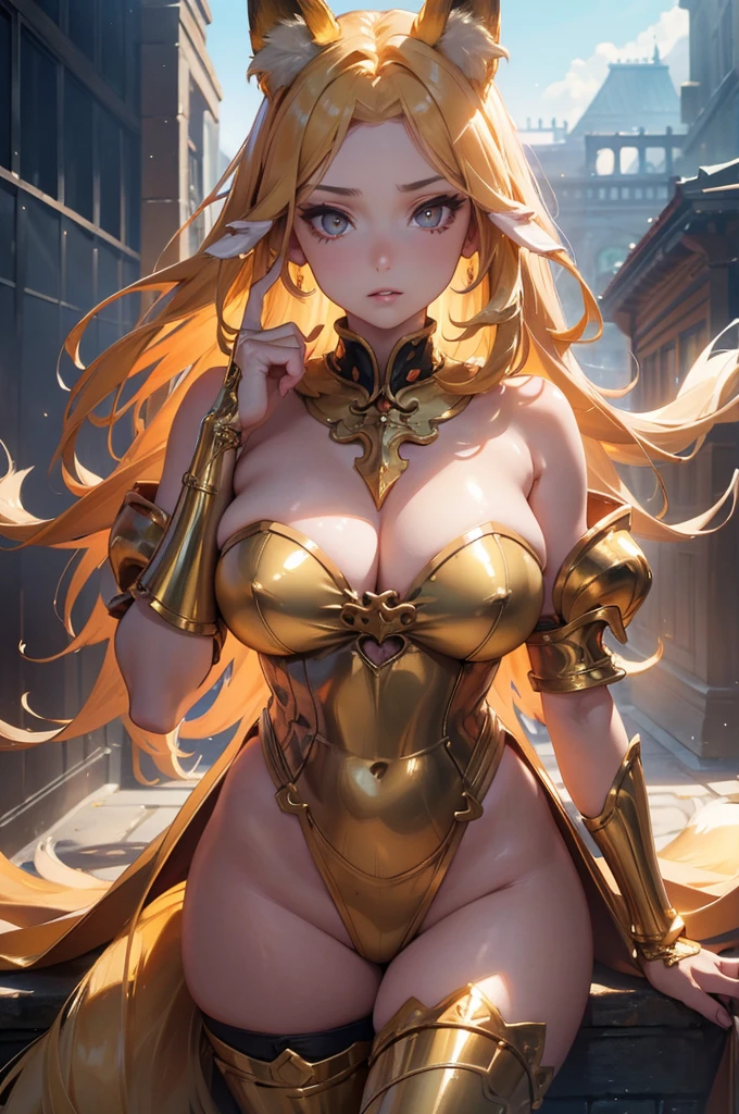 1 beautifull kitsune queen wearing a golden armor, hands behind, hairs covering ears,blonde hairs, french braid, hair hide ear, hime cut, very long hair, heart-shaped pupils, animal ears,european face, fox ears,"long orange fox ears with black tips", covering ears, kemonomimi mode,tail emanating(9 tails fox),huge tits, large hips with golden armor,((fully clothed)), "all skin covered by golden armor", no nsfw, high detail, depth of field, masterpiece, anatomically correct, high quality, award winning,(masterpiece, best quality),sunny,((extremely detailed background)), traditional temple, facing viewer,action pose,Beautiful Finger,Beautiful long legs,Beautiful body,Beautiful Nose, perfect face,(mature:1.1),(milf:1.1),(mature female:1.3),make up,parted lips,(shiny skin:1.3),(perfect female body:1.2),(gorgeous detailed skin),(detailed hair), masterpiece, high quality, highres, absurdres,(beautiful and aesthetic:1.2), beautiful hand, 4k, 8k, perfect balance, detailed aqua eyes, perfect eyes, expressive eyes, looking at viewer, expressionless, ray_tracing,intricate details,depth of field, extremely delicate and beautiful, (Beautiful,), (beautiful_face:1.5)