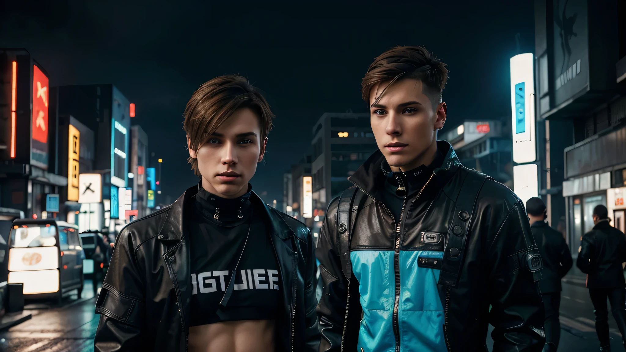 A digital art piece depicting a confident young man with blue eyes light brown hair stylish haircut in a cyberpunk style.
He's wearing futuristic streetwear appropriate to a cyberpunk setting, standing in a brightly-lit urban street of the future.
The overall atmosphere of the image is positive and bright, contrasting the usual dark tones associated with cyberpunk.