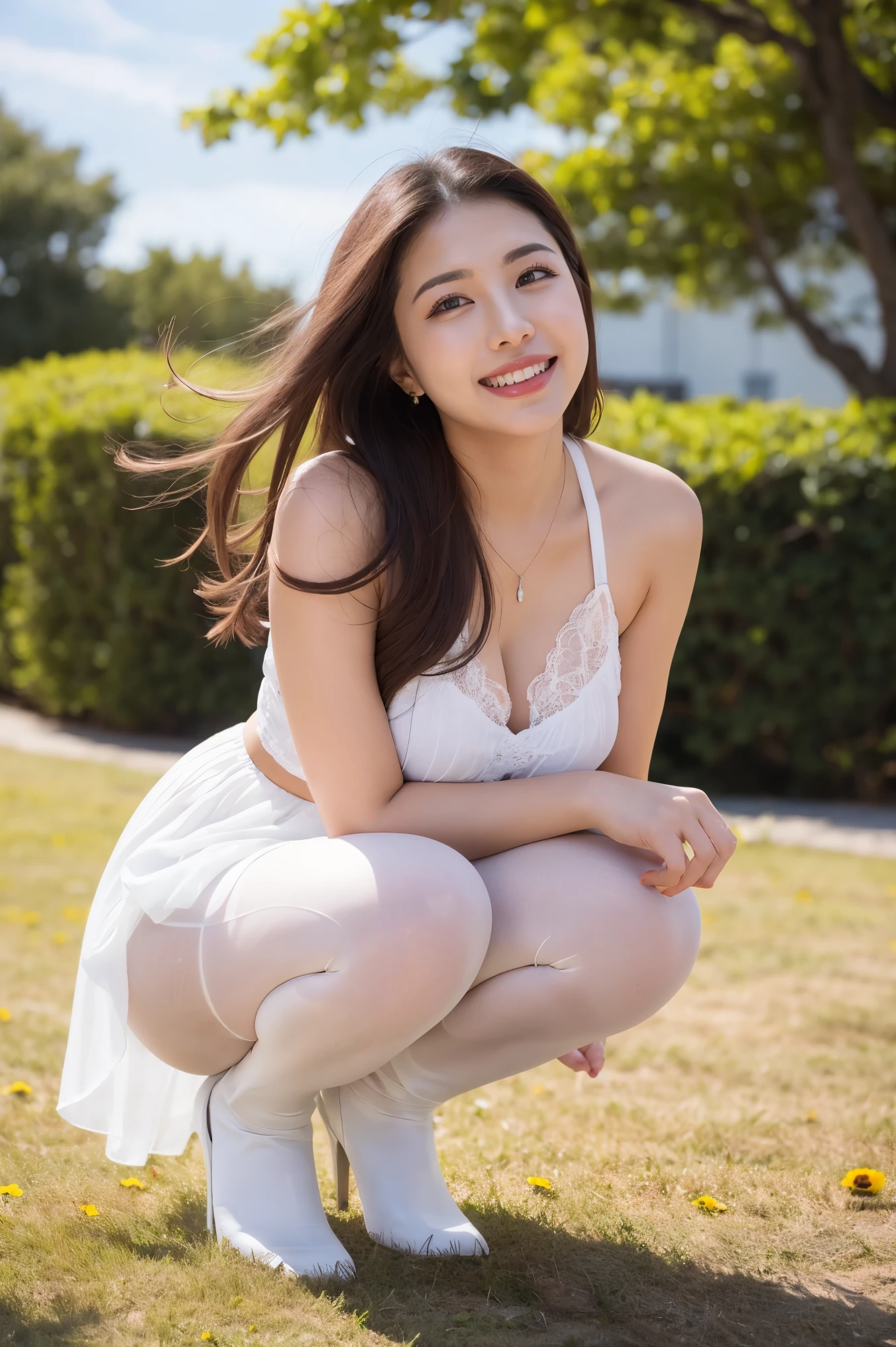 (((8k、High resolution、Highest quality、High resolution)))alone、Natural body shape、Crouch down、White skin、Natural Makeup、Halter neck dress、(Ultra-realistic pantyhose:1.3), Skirt and thighs、High heels、(Full Body Shot), Grin, Beautiful mature woman, pastel colour、Random Color、love affair、delight、Get excited、happiness、love、Love love、field、(Strong winds:1.3),