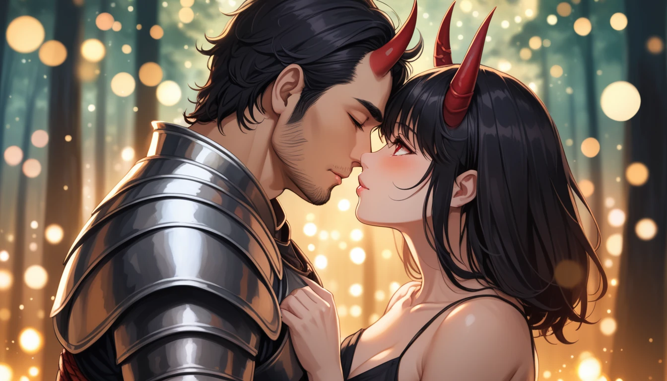 8K, RAW, best quality, masterpiece, ultra high res, colorful, portrait, (medium wide shot), (dynamic perspective), sharp focus , (depth of field, bokeh:1.3), extremely detailed eyes and face, beautiful detailed eyes,
couple, hugs, kiss, kissing, passion, love, moment,
(1man, Human, Caucasian, human Knight, plate armor, muscular, stubble, short black hair, brown eyes:1.5),
(1girl, Japanese, Oni, demon, (girl oni horns, oni demon skin:1.5), slander tail, wide samurai pants, geta footwear, black tight crop top, long black hair, red eyes, breasts bandage, medium breasts:1.5),
near campfire, lean back to tree, looking at viewer, facing viewer, right side view, forest background, dark forest, night time
