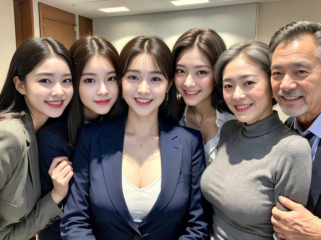 (A photo of a young, beautiful Korean female president dressed as a politician exchanging warm embraces with three elderly, gray-haired grandfathers.:1.3)(Grinning expression:1.2)(20-year-old:1.3)(Huge , There is cleavage in the chest:1.2),(Sweating profusely)(Huge boobs)(Elegant, shiny, long black hair:1.2))(8k, RAW Photos, Highest quality, masterpiece: 1.2),High-resolution RAW color photos, Professional photos, Very detailed and beautiful,(she&#39;She&#39;s very skinny but has big breasts:1.4), Small face:1.Perfect anatomical figure、(Browsing Caution:1.1)(Huge breasts that make your clothes burst: 0.9) (Huge胸 :1.4)(Classy makeup,eyeliner/eye shadow,lipstick,Fair skin,Beautiful Skin)(Full body photo:1.1)(Shiny Hair:1.3)(lipstick:1.2)(Too big earrings:1.2)(Beautiful female college student:1.2)(セクシーな韓国人sister:1.2)(sister:1.1))(Family group photo:1.3)(Box Coverage,Press conference:1.2)Off-the-shoulder blouse,