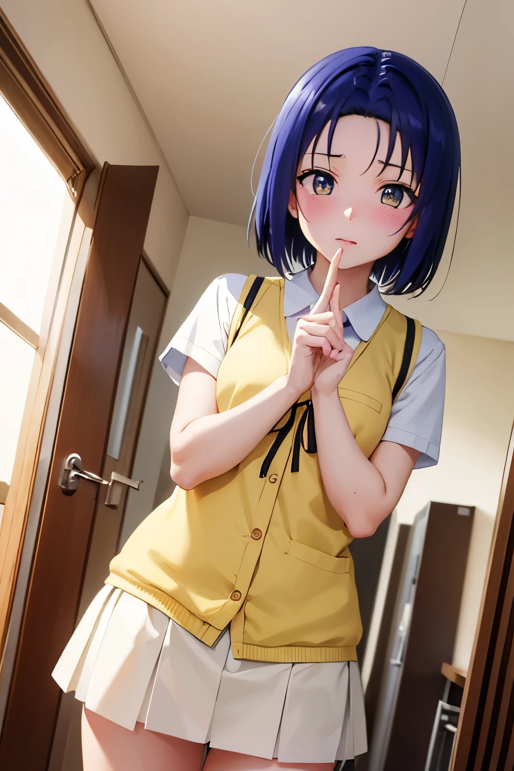 Haruna Sairenji、To Love-Ru、Blue Hair、Bobcut、Hairpins x 2、Show your forehead、high school girl、uniform、Cream colored vest、Bondage、Tied up、first round、Embarrassing、blush（（（ＳＦＷ、sound、Highest quality、first-clasasterpiece、Normal body、8k、Detailed face、Ultra-precision、Normal hand、Normal finger、５Finger、Highest）））、whole body、School