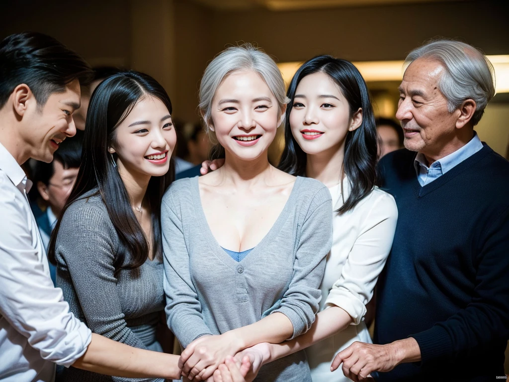 (A photo of a young, beautiful Korean female president dressed as a politician exchanging warm embraces with three elderly, gray-haired grandfathers.:1.3)(Grinning expression:1.2)(20-year-old:1.3)(Huge , There is cleavage in the chest:1.2),(Sweating profusely)(Huge boobs)(Elegant, shiny, long black hair:1.2))(8k, RAW Photos, Highest quality, masterpiece: 1.2),High-resolution RAW color photos, Professional photos, Very detailed and beautiful,(she&#39;She&#39;s very skinny but has big breasts:1.4), Small face:1.Perfect anatomical figure、(Browsing Caution:1.1)(Huge breasts that make your clothes burst: 0.9) (Huge胸 :1.4)(Classy makeup,eyeliner/eye shadow,lipstick,Fair skin,Beautiful Skin)(Full body photo:1.1)(Shiny Hair:1.3)(lipstick:1.2)(Too big earrings:1.2)(Beautiful female college student:1.2)(セクシーな韓国人sister:1.2)(sister:1.1))(Family group photo:1.3)(Box Coverage,Press conference:1.2)Off-the-shoulder blouse,