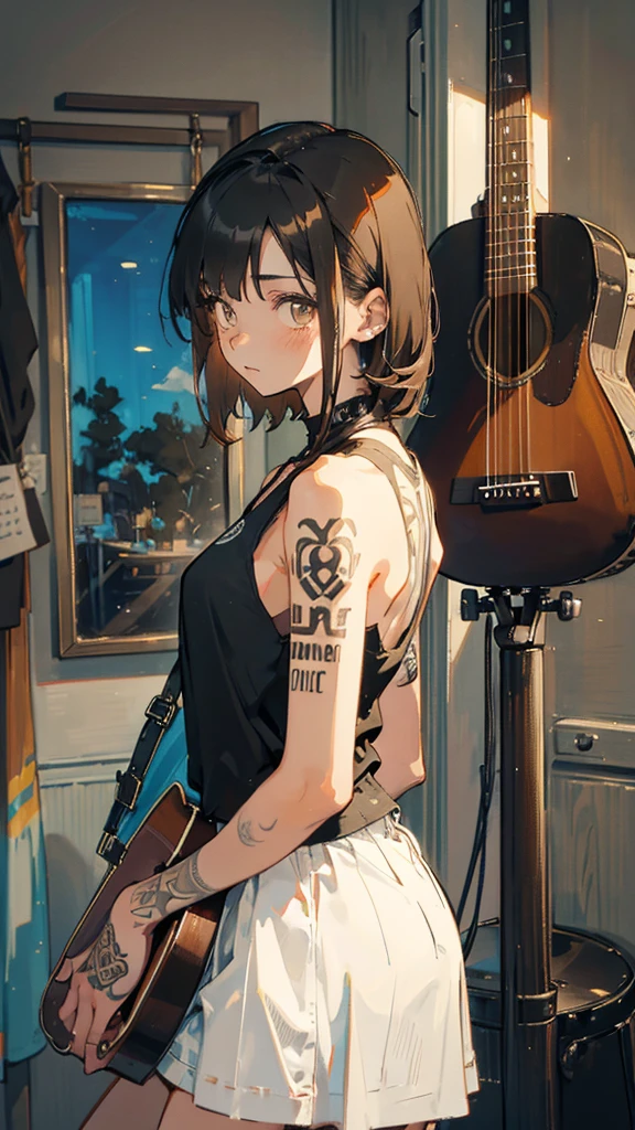 A young woman with short black hair dyed the ends light brown. wearing a black tank top He has graphic tattoos on his shoulder and chest. playing acoustic guitar Create an image of a young woman playing an acoustic guitar in a cozy room. She has short, light brown hair that is dyed at the ends. and wearing a black tank top Intricate graphic tattoos are evident on the shoulders and chest. She has a relaxed and expressive demeanor while playing the guitar. The background of the picture is a room with a simple white door and furniture.