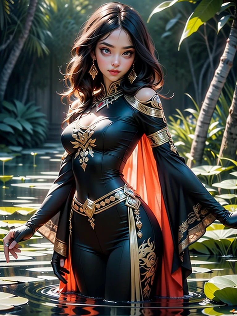 female vampire, 1 female, handsome female, female gender, black hair, long hair messy hair, colored inner hair, red eyes, intricate eyes, beautiful detailed eyes, symmetrical eyes, female chest, pale skin, lustrous skin, bright skin, shiny skin, very shiny skin, shiny body, detailed face, dark character, corruption, nsfw, black cape around shoulders, red tunic, golden buttons, black gloves, dream eater, gold scarab necklace, pants, bulge in pants, black arabic pants, intricate outfit, embroidered outfit, ornate outfit, intricate clothes, embroidered clothes, ornate clothes, dynamic pose, looking at viewer, serious attitude, centered, scale to fit dimensions, rule of thirds, outdoor, scenery, swamp, background skulls, extremely scenery, puddles everywhere, moss, moss in the background, fog in the background, clouds, black lily pads, palms, reeds, skulls floating in puddles, sunset, golden hour, glossy Egyptian ornaments, highres, sharp focus, ultra detailed, extremely detailed, photorealistic artwork, extremely detailed CG unity 8k wallpaper, vibrant colors, vibrant theme, intricate, masterpiece, best quality, artistic photography, photography taken by sldr, intricate background, perfect rendered face, perfect face details, realistic face, photo realistic, intricate detail, realism