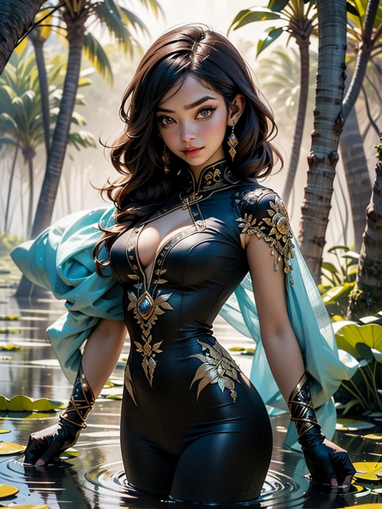 female vampire, 1 female, handsome female, female gender, black hair, long hair messy hair, colored inner hair, red eyes, intricate eyes, beautiful detailed eyes, symmetrical eyes, female chest, pale skin, lustrous skin, bright skin, shiny skin, very shiny skin, shiny body, detailed face, dark character, corruption, nsfw, black cape around shoulders, red tunic, golden buttons, black gloves, dream eater, gold scarab necklace, pants, bulge in pants, black arabic pants, intricate outfit, embroidered outfit, ornate outfit, intricate clothes, embroidered clothes, ornate clothes, dynamic pose, looking at viewer, serious attitude, centered, scale to fit dimensions, rule of thirds, outdoor, scenery, swamp, background skulls, extremely scenery, puddles everywhere, moss, moss in the background, fog in the background, clouds, black lily pads, palms, reeds, skulls floating in puddles, sunset, golden hour, glossy Egyptian ornaments, highres, sharp focus, ultra detailed, extremely detailed, photorealistic artwork, extremely detailed CG unity 8k wallpaper, vibrant colors, vibrant theme, intricate, masterpiece, best quality, artistic photography, photography taken by sldr, intricate background, perfect rendered face, perfect face details, realistic face, photo realistic, intricate detail, realism