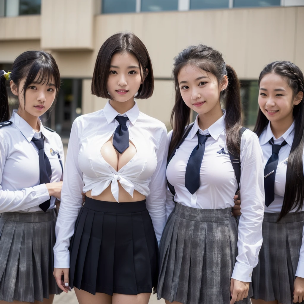 (8k、Raw photography、Highest quality、masterpiece:1.2),(Black Hair:1.5),(Mr....々Cute hairstyle、Bobcut、Very short hair、ponytail、Twin tails:1.4),(6 high school girls、girlたちはみんなとても美しい、Wearing uniform、:1.6)、(V-neck sweater、tie、Checked skirt: 1.2)、(Clothing that emphasizes the shape of your chest、Big Breasts:1.6)、(Group attendance at school:1.4)、Ultra-high resolution,(girl' School changing room:1.4)、(Japanese women: 1.2),(Photorealistic:1.37)、Photon Mapping,reality、(Everyone is so cute, like an idol: 1.7)、(Cute Smile: 1.7)、(Round face: 1.8)、(: 1.2)、Radio City、Physically Based Rendering、Depth of field rally background、photograph, (Wearing a skirt that is too short: 2.0)、(Ultra mini skirt、Her skirt is short、White panties are visible..:1.4),(All of them are wearing very short skirts、Angle from below、Your thighs are beautiful: 1.5)、whole body、Super Fine