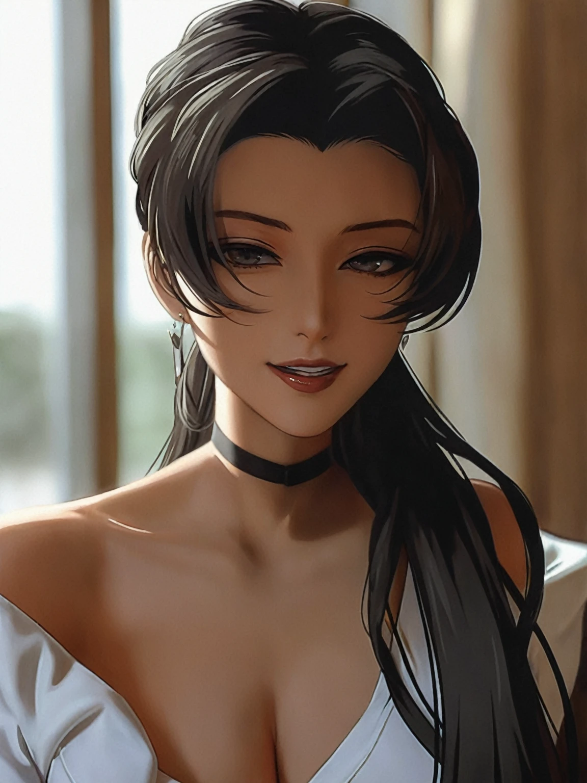 Anime girl with long black hair and white top poses for a photo, seductive Tifa lockhart portrait, Tifa lockhart portrait, portrait of Tifa lockhart, Nico Robin, Tifa lockhart with white hair, glamorous Tifa lockheart, Tifa lockhart, Tifa, Tifa lockheart, Beautiful anime woman, Realistic anime art style, Beautiful and charming anime woman
