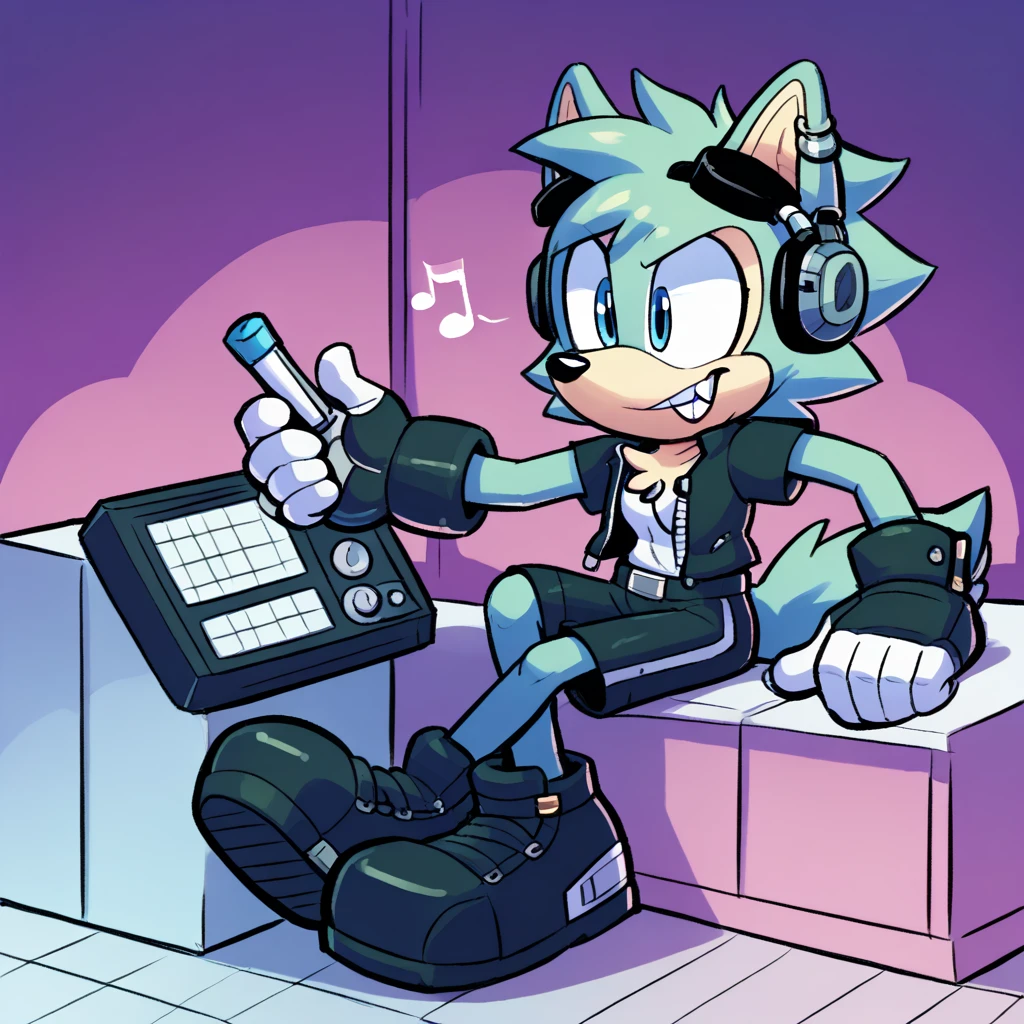 Custom avatar, Gadget the wolf character, wearing black shorts, in the cyberspace, cgi backround, sitti g down on crossed legs, headphones on, listening to music on the radio,