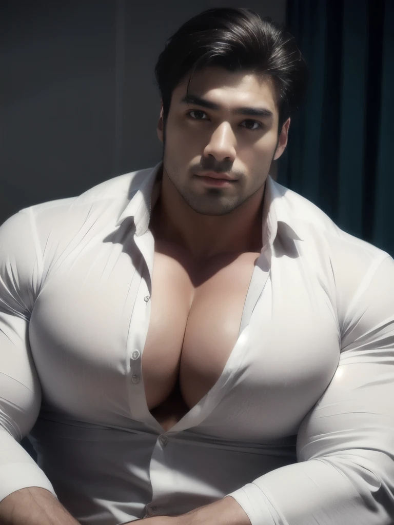 handsome young Asian man, ((wearing white shirt)), (huge pecs exposed between shirt buttons:1.3), shirt stretched across his huge chest, muscular, (large pectorals),  high res, detailed realistic image, beautiful eyes, eyes open, handsome face, detailed face,