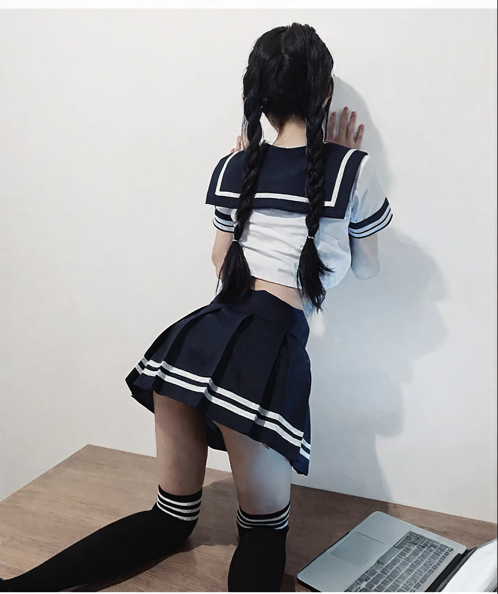 一位身穿Sailor Suit的女士坐在桌子上, Sailor Suit, anime girl role play, Wear Japanese school uniforms, Japanese school uniform for girls, Japanese school uniforms, Anime girls in real life, girl Wear uniform, Wear skirt and high socks, Black braids, dress up as , role play, anime role play, Fleet Collection Style, Wear