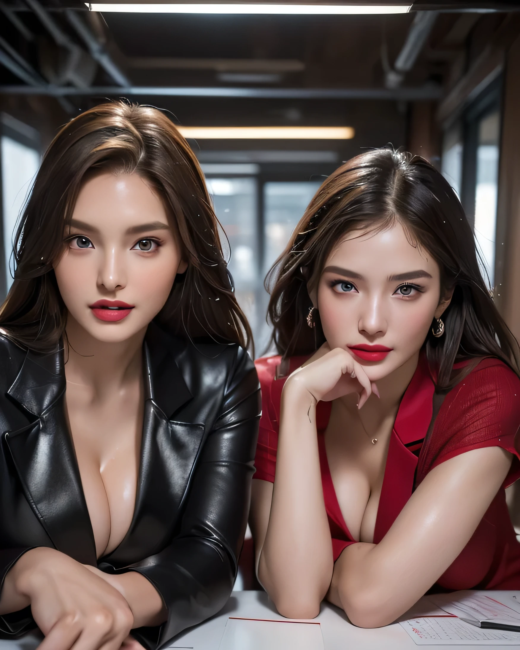 Ultra HD resolution，artistic photos，Professional Photography, ((Two 21 year very beautiful models, big breasts:1.1, long brunette and blonde hair, cold ultra realistic wet skin, both wearing black and red business suit)), exposed cleavage, ((both posing like super-models, in an office)) smiling at viewer, natural red lips, attention to detail.