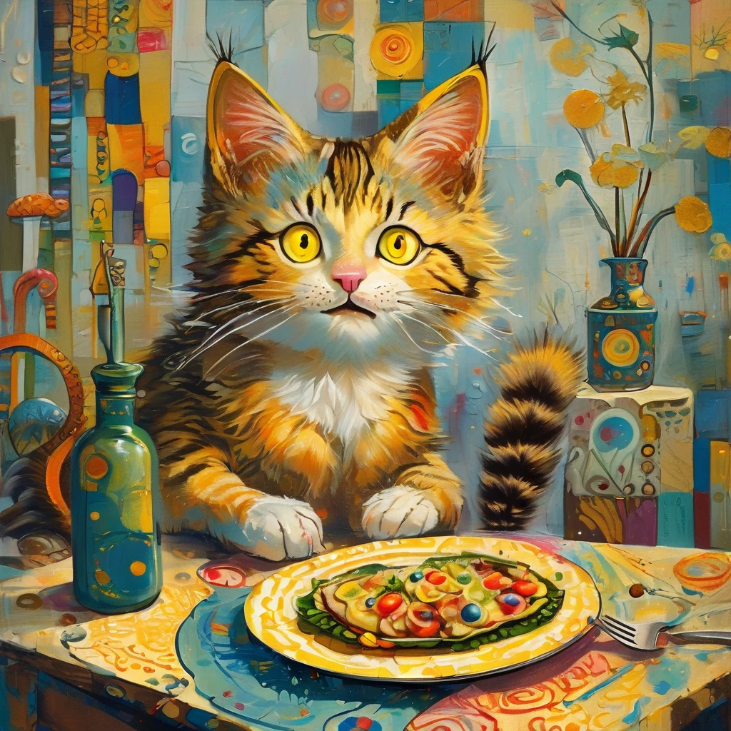 Oil painting on wall, fine lines, soft colors stylized figure. Naive art. very tall, slender cat with a very long neck with colorful stripes, large horizontal oval head and large yellow slit eyes, sweet expressive smile. he is sitting at the table, in front of his empty plate and holding knife and fork between his paws. background with circles and spirals pattern
