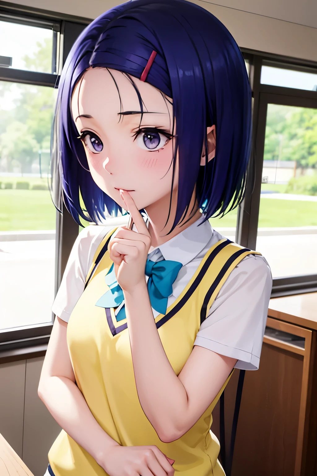 Haruna Sairenji、To Love-Ru、Blue Hair、Bobcut、Hairpins x 2、Show your forehead、high school girl、uniform、Cream colored vest、Bondage、Tied up、first round、Embarrassing、blush（（（ＳＦＷ、sound、Highest quality、first-clasasterpiece、Normal body、8k、Detailed face、Ultra-precision、Normal hand、Normal finger、５Finger、Highest）））、whole body、School