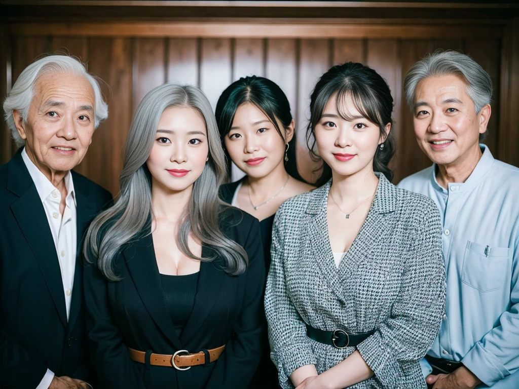 (A young and beautiful Korean female president dressed as a politician takes a family photo with her three elderly grey-haired grandparents.:1.3)(Grinning expression:1.2)(20-year-old:1.3)(Huge , There is cleavage in the chest:1.2),(Sweating profusely)(Huge boobs)(Elegant, shiny, long black hair:1.2))(8k, RAW Photos, Highest quality, masterpiece: 1.2),High-resolution RAW color photos, Professional photos, Very detailed and beautiful,(she&#39;She&#39;s very skinny but has big breasts:1.4), Small face:1.Perfect anatomical figure、(Browsing Caution:1.1)(Huge breasts that make your clothes burst: 0.9) (Huge胸 :1.4)(Classy makeup,eyeliner/eye shadow,lipstick,Fair skin,Beautiful Skin)(Full body photo:1.1)(Shiny Hair:1.3)(lipstick:1.2)(Too big earrings:1.2)(Beautiful female college student:1.2)(セクシーな韓国人sister:1.2)(sister:1.1))(Family group photo:1.3)(Box Coverage,Press conference:1.2)Off-the-shoulder blouse,