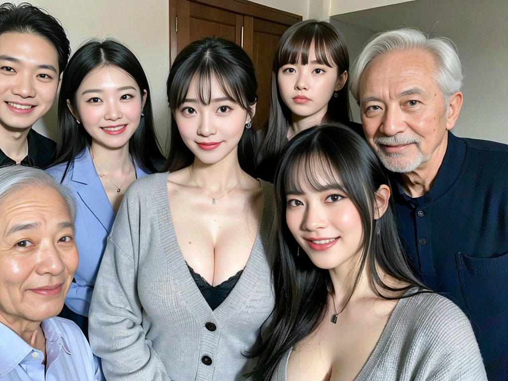 (A young and beautiful Korean female president dressed as a politician takes a family photo with her three elderly grey-haired grandparents.:1.3)(Grinning expression:1.2)(20-year-old:1.3)(Huge , There is cleavage in the chest:1.2),(Sweating profusely)(Huge boobs)(Elegant, shiny, long black hair:1.2))(8k, RAW Photos, Highest quality, masterpiece: 1.2),High-resolution RAW color photos, Professional photos, Very detailed and beautiful,(she'She's very skinny but has big breasts:1.4), Small face:1.Perfect anatomical figure、(Browsing Caution:1.1)(Huge breasts that make your clothes burst: 0.9) (Huge胸 :1.4)(Classy makeup,eyeliner/eye shadow,lipstick,Fair skin,Beautiful Skin)(Full body photo:1.1)(Shiny Hair:1.3)(lipstick:1.2)(Too big earrings:1.2)(Beautiful female college student:1.2)(セクシーな韓国人sister:1.2)(sister:1.1))(Family group photo:1.3)(Box Coverage,Press conference:1.2)Off-the-shoulder blouse,