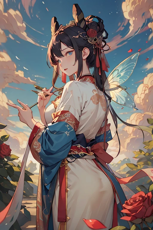 ((best quality)), ((masterpiece)), (detailed), Fairy,Chinese Mythology,During the Song Dynasty。这是一个掌管玫瑰花的Fairy,Behind her are all kinds of roses.,And rose petals falling behind her。She has big blue, lively eyes,Long fluttering hair,Background with blue sky and white clouds。