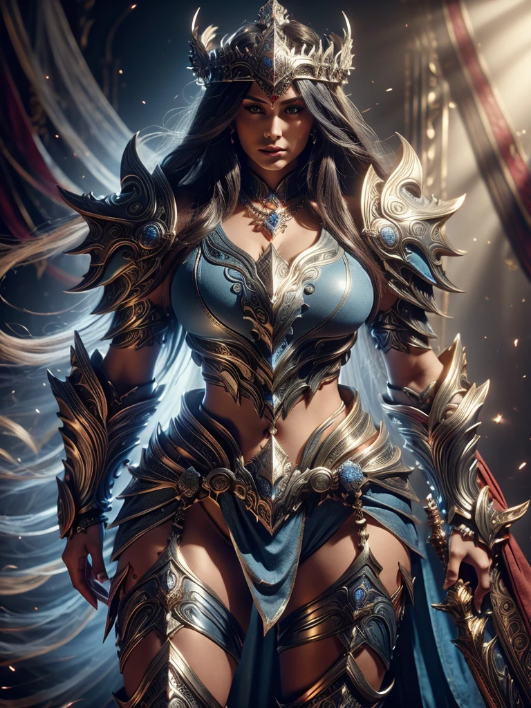 Facing me woman of approximately 25 years old goddess with long hair and necklace around her neck, crowned, Detailed Relentless Blue Armor Style Shorts, large hard , tummy, legs aligned standing