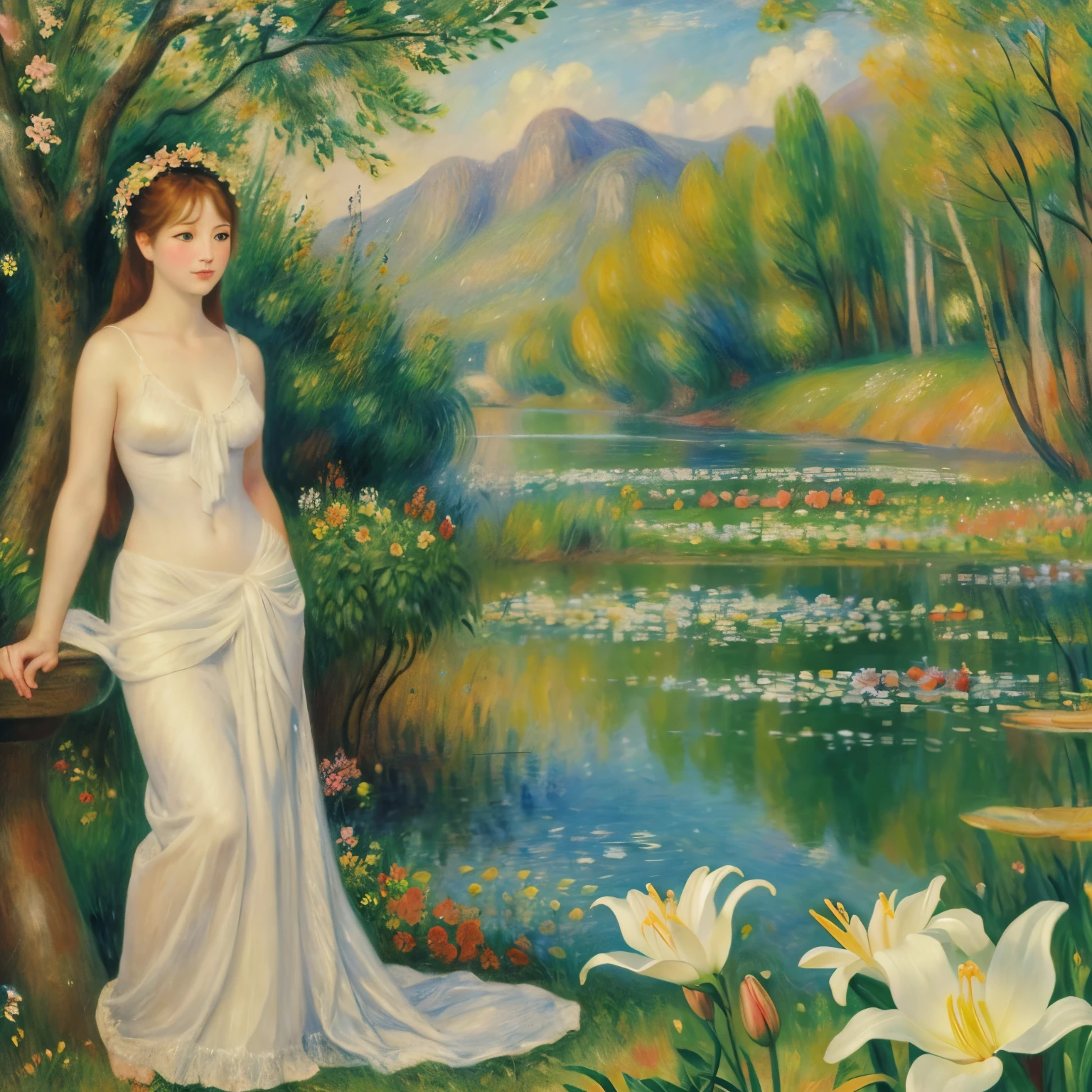 Adam and Eve in a classical and primitive form, painted in Renoir-esque style。In the background is a grassland filled with mountain lilies.。Standing facing each other。Emphasis on elements of impressionism。