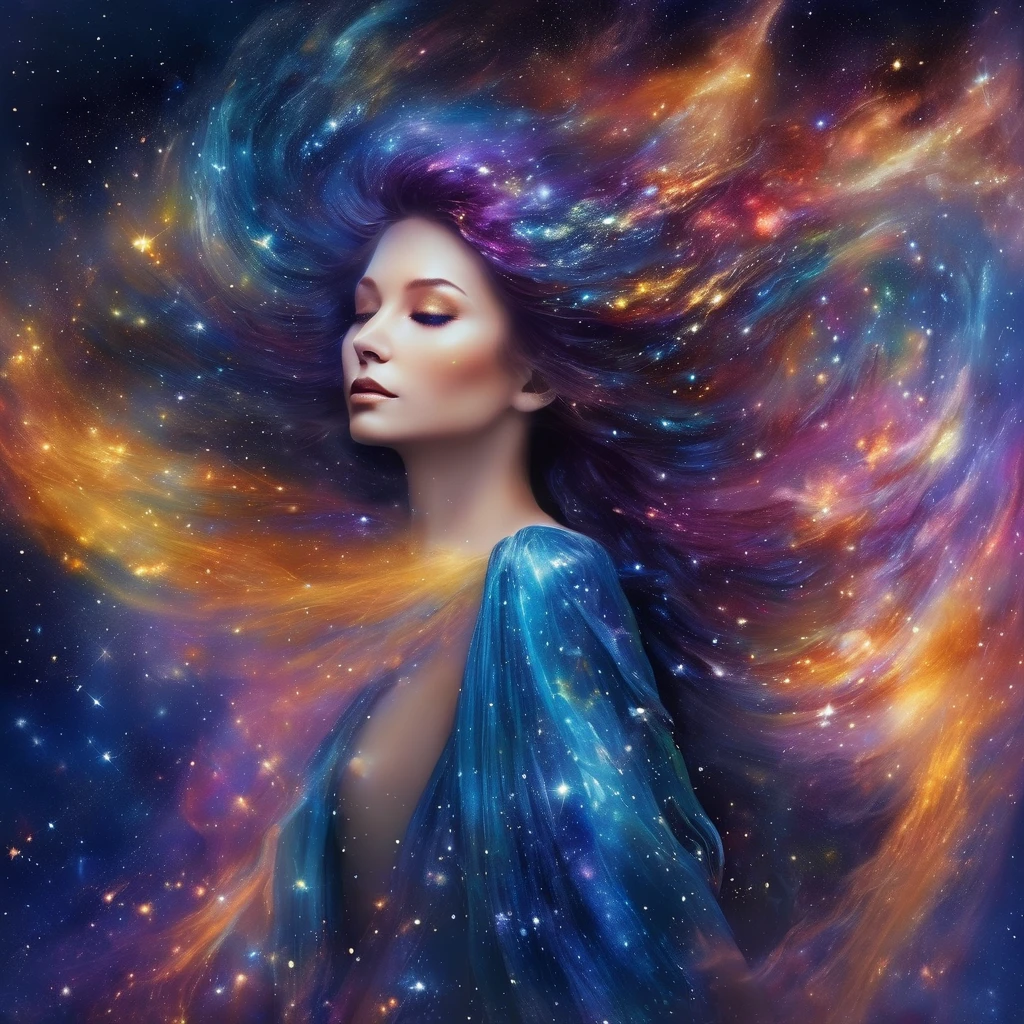 The Nebula Fairy, her body is the color of A galaxy,  her hair so long and bright it resembles streaks of light. Stardust comes from her fingertips as if she is finger painting space with stars. She lets off beautiful celestial hues that shift harmoniously, echoing the captivating beauty of the cosmos