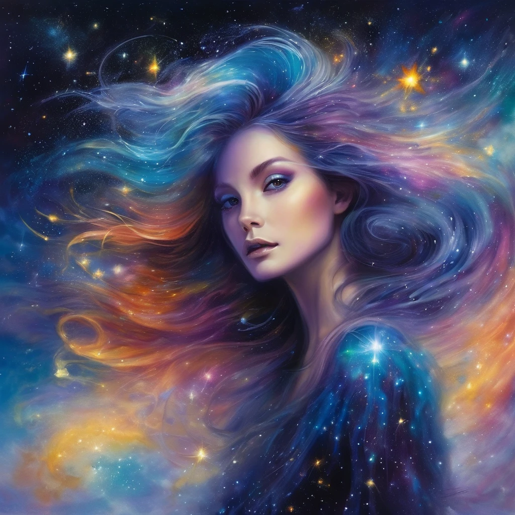 The Nebula Fairy, her body is the color of A galaxy, her hair so long and bright it resembles streaks of light. Stardust comes from her fingertips as if she is finger painting space with stars. She lets off beautiful celestial hues that shift harmoniously, echoing the captivating beauty of the cosmos