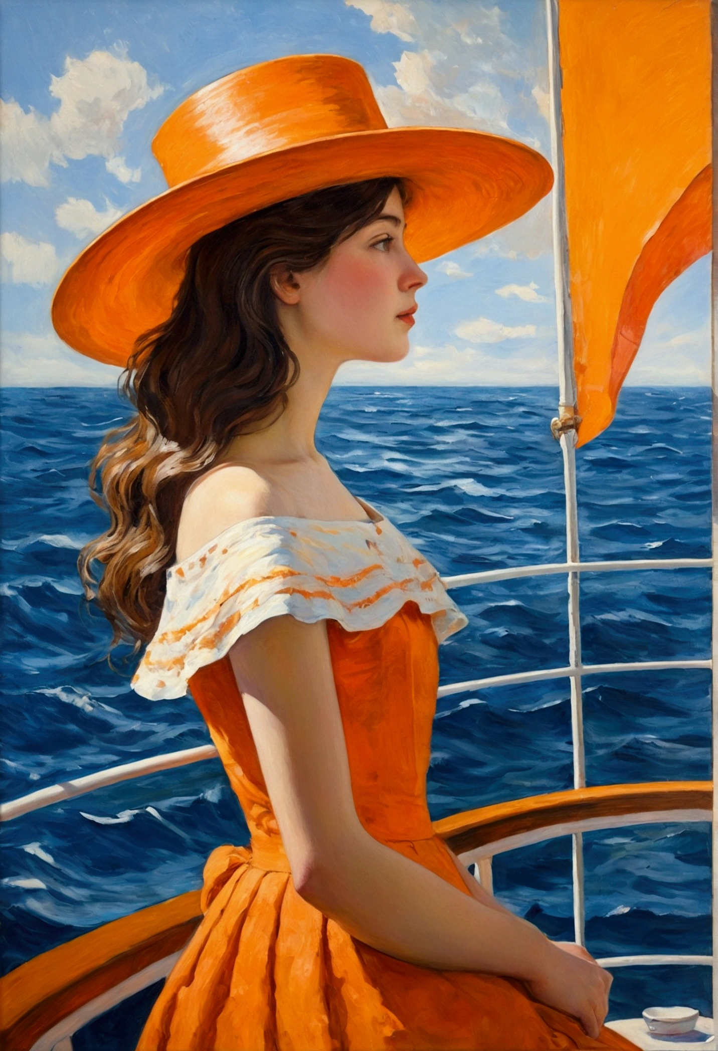 Orange Ocean,  vague, bateau, girl on bateau, What&#39;s more, il n’y, debout, profil, view three large, (best quality, head of&#39;artwork), CASSER, (impressionists, Oil painting&#39;Oil:1.3),