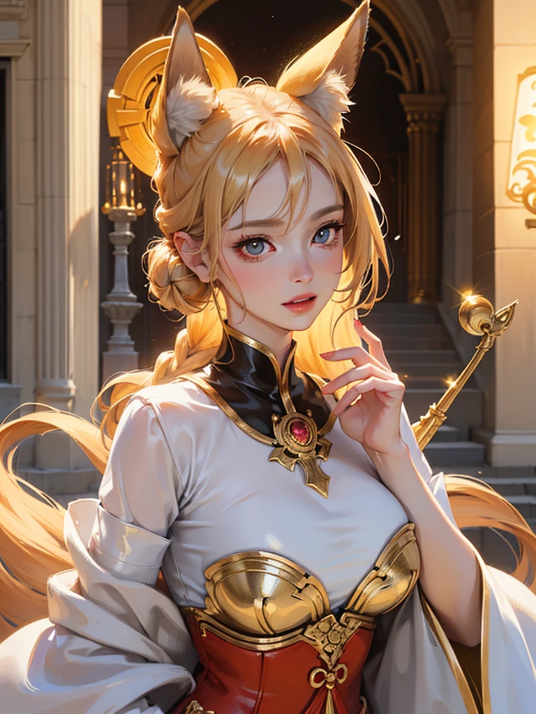 1 beautifull kitsune queen wearing a golden armor, hands behind, hairs covering ears,blonde hairs, french braid, hair hide ear, hime cut, very long hair, heart-shaped pupils, animal ears,european face, fox ears,"long orange fox ears with black tips", covering ears, kemonomimi mode,tail emanating(9 tails fox),huge tits, large hips with golden armor,((fully clothed)), "all skin covered by golden armor", no nsfw, high detail, depth of field, masterpiece, anatomically correct, high quality, award winning,(masterpiece, best quality),sunny,((extremely detailed background)), traditional temple, facing viewer,action pose,Beautiful Finger,Beautiful long legs,Beautiful body,Beautiful Nose, perfect face,(mature:1.1),(milf:1.1),(mature female:1.3),make up,parted lips,(shiny skin:1.3),(perfect female body:1.2),(gorgeous detailed skin),(detailed hair), masterpiece, high quality, highres, absurdres,(beautiful and aesthetic:1.2), beautiful hand, 4k, 8k, perfect balance, detailed aqua eyes, perfect eyes, expressive eyes, looking at viewer, expressionless, ray_tracing,intricate details,depth of field, extremely delicate and beautiful, (Beautiful,), (beautiful_face:1.5)