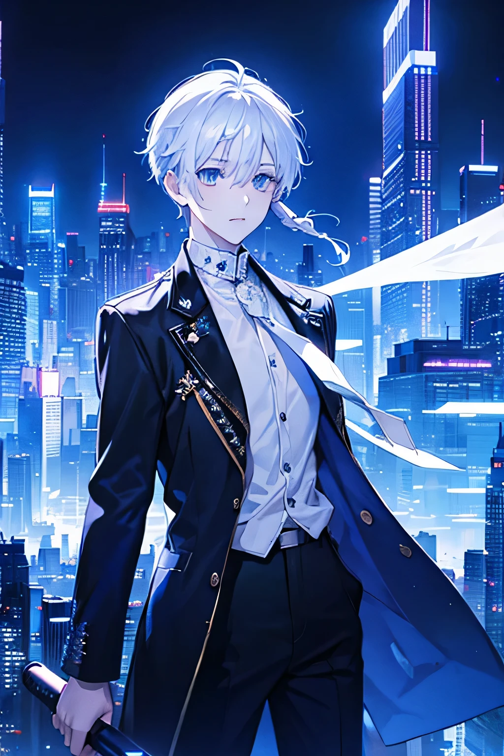 A boy with sparkling eyes White Hair 18-year-old cyber punk Rows of skyscrapers neon night