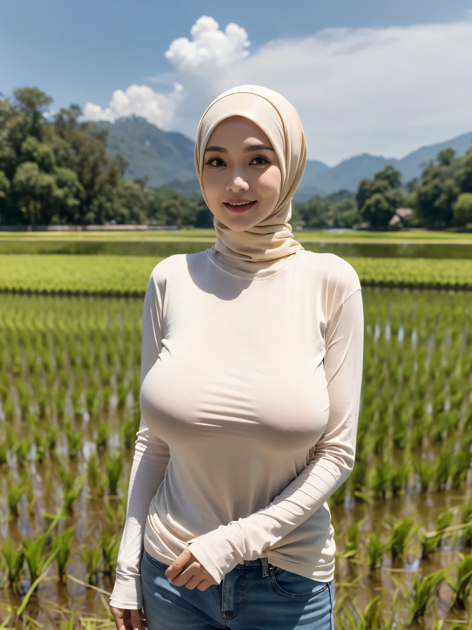 (((46 years old, Indonesian Mature woman, mature age woman, Hijab, Wearing Tight Long-Sleeve T-shirt))), ((Natural Gigantic Breast : 1.4)), casual Pose, Smiling face, Professional Photoghraphy, work By Master Of Photoghraphy, (((At Rice Field))), High realistic Light, Deep photo, Full body shot, 32K Best Quality photo, Ultra-high reallistic Photos.