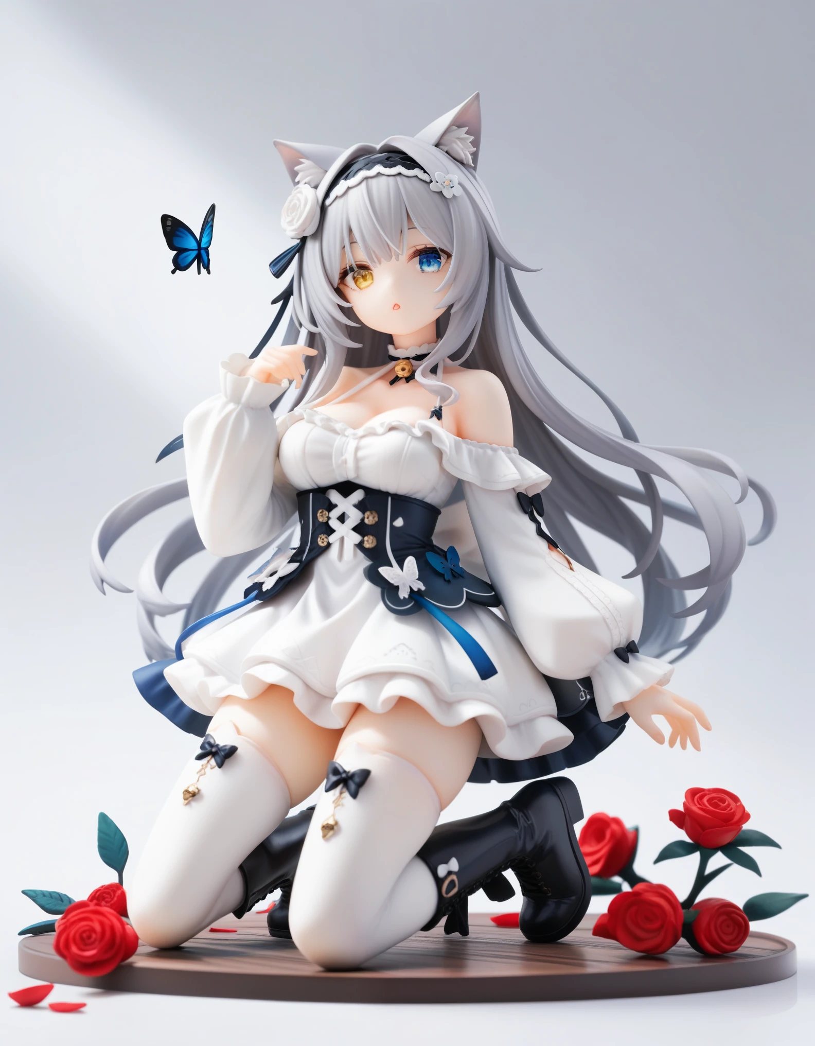 score_9,score_8_up,score_7_up, source_anime,
1girl, solo, animal ears, long hair, heterochromia, breasts, butterfly, blue eyes, cleavage, bug, flower, dress, white background, cat ears, thighhighs, simple background, looking at viewer, very long hair, long sleeves, kneeling, rose, grey hair, bare shoulders, hair ornament, white flower, white dress, hair flower, medium breasts, white rose, halterneck, off shoulder, full body, hairband, puffy sleeves, yellow eyes, short dress, boots, cat girl, white thighhighs, animal ear fluff, sleeves past wrists, white butterfly, parted lips, bow, thighs, black footwear, thigh boots, collarbone