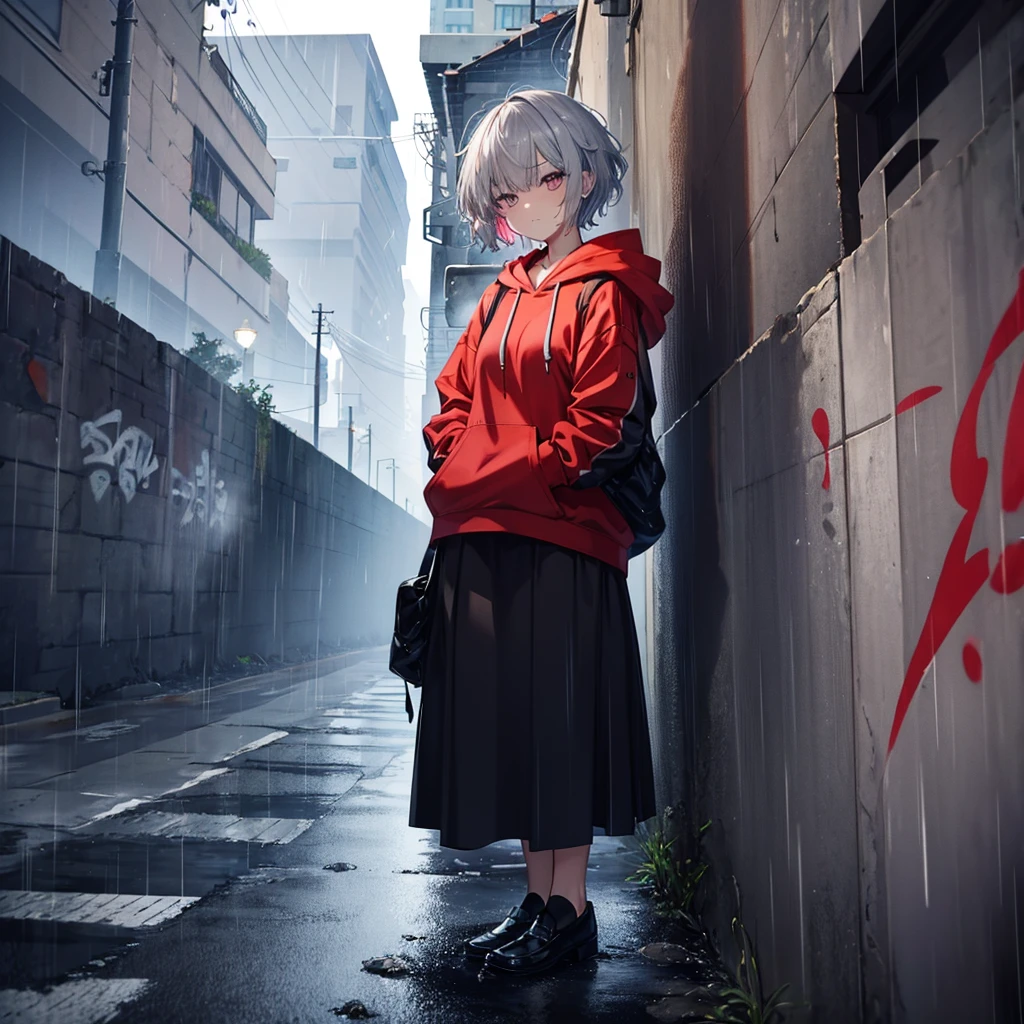 (((1 person Gray Hair、short hair Black and red outfit、hoodie))) (((High resolution Getting wet in the rain Black long skirt loafers))) (((Sad face、Close-up))) ((((Leaning against a wall Colorful spray graffiti)))) ((in the rain、It rains Blowing in the Wind profile)) (Shining Background Shining Edges)
